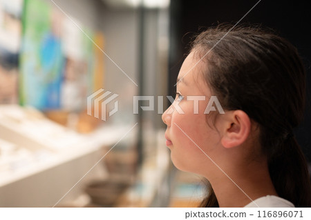 A girl looking intently at the exhibits 116896071
