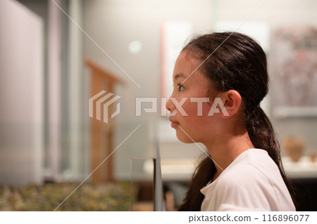A girl looking intently at the exhibits 116896077
