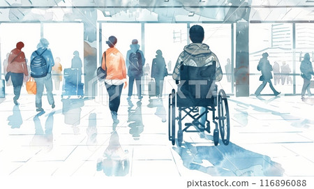 Busy airport scene with a person in a wheelchair among travelers with bags and luggage. Accessibility in public transportation 116896088