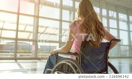 Young woman in a wheelchair in a bright, modern building with sunlight streaming through windows. Accessibility and independence. Young woman in a wheelchair in a bright, modern building with sunlight streaming through windows. Accessibility and independence. 116896142