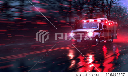 Ambulance rushing through wet city streets at night with vibrant light trails. Emergency medical response and urban healthcare concept. Ambulance rushing through wet city streets at night with vibrant light trails. Emergency medical response and urban healthcare concept. 116896257