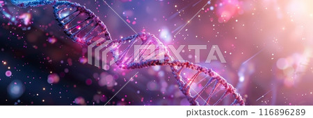 Vibrant DNA double helix structure against a colorful pink and purple background. Vibrant DNA double helix structure against a colorful pink and purple background. 116896289