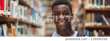 Smiling African American student holding a book in a library with bookshelves. Education and knowledge 116896568