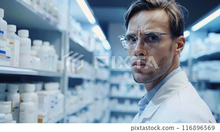 Pharmacist in glasses standing in a pharmacy aisle with shelves of medicine. Professional healthcare and pharmaceutical. 116896569