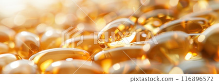 Macro shot of shiny golden capsules with soft focus and warm lighting. Concept of dietary supplements, healthcare, and wellness. Macro shot of shiny golden capsules with soft focus and warm lighting. Concept of dietary supplements, healthcare, and wellness. 116896572