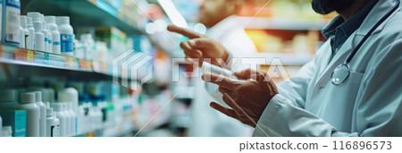 Pharmacist searching for medication on shelf in a pharmacy. Pharmaceutical care, healthcare, and medication management. Pharmacist searching for medication on shelf in a pharmacy. Pharmaceutical care, healthcare, and medication management. 116896573