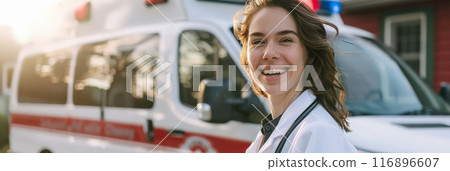 Smiling paramedic with stethoscope in front of ambulance. Emergency medical services professional ready for action. Smiling paramedic with stethoscope in front of ambulance. Emergency medical services professional ready for action. 116896607