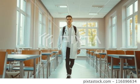 Young doctor walking through hospital corridor with stethoscope. Medical professional in healthcare setting. Young doctor walking through hospital corridor with stethoscope. Medical professional in healthcare setting. 116896634