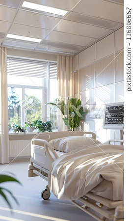 Clean hospital room with a bed, medical equipment, and large windows letting in natural light. Healthcare environment with a welcoming and sterile atmosphere. Modern patient room. 116896667