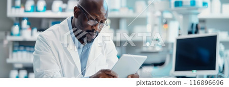 Focused African American doctor using a tablet in a modern laboratory environment. Healthcare professional utilizing technology for medical research. Focused African American doctor using a tablet in a modern laboratory environment. Healthcare professional utilizing technology for medical research. 116896696