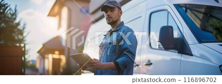 Courier in denim jacket holding a tablet beside a delivery van. Efficient package tracking and logistics. 116896702