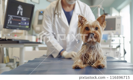 Small dog on an examination table with a male veterinarian in white coat in a clinic. Pet healthcare and veterinary services. 116896715