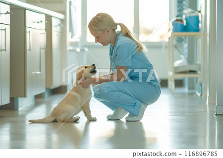 Young female veterinarian in blue scrubs kneeling and petting a puppy in a modern clinic. Veterinary care and pet healthcare concept. 116896785
