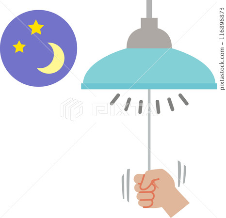 A hand pulling the cord of a pendant light to turn it off at night A hand pulling the cord of a pendant light to turn it off at night 116896873