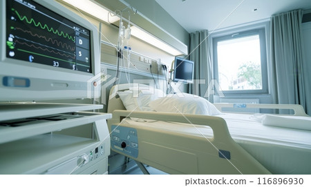 Modern hospital room with state-of-the-art medical equipment and a single bed. Bright and professional healthcare environment. 116896930