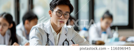 Young Asian medical student in a classroom setting. Medical education and training background. 116896945