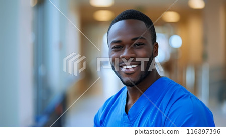 Portrait of a smiling African American male nurse in blue scrubs in a hospital corridor. Representation of healthcare diversity and medical professionalism. 116897396