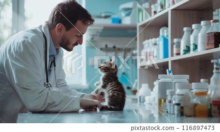 Male veterinarian in white coat examining a small kitten in a modern veterinary clinic. Veterinary care and pet healthcare concept. 116897473