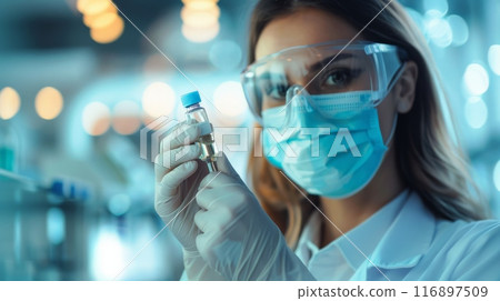 Female scientist showcasing a vial in a research lab. Medical professional presenting research findings. 116897509