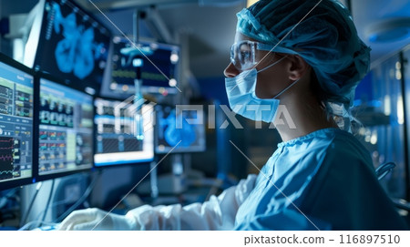 Doctor monitoring patient data on multiple screens in an ICU. Critical care and intensive monitoring. 116897510