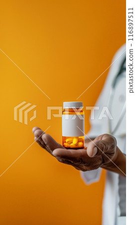 Doctor holding a medicine bottle in hand against a vibrant orange background. Ideal for healthcare and pharmaceutical promotions. 116897511