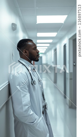 Serious African American doctor leaning against a wall in a hospital corridor. Medical professional reflecting on healthcare responsibilities 116897513