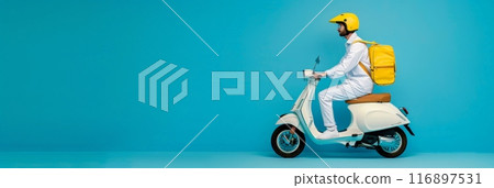 Courier in white uniform riding a white scooter with a yellow delivery bag against a blue background. Modern express delivery service. 116897531