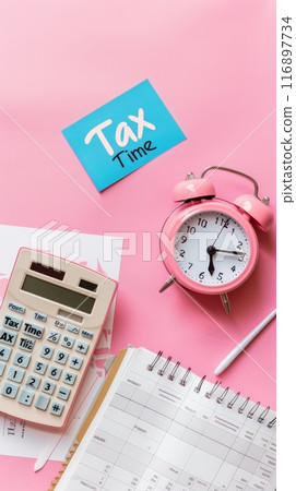 Tax time theme with pink alarm clock, calculator, and planner on pastel pink background. Organized approach to tax preparation Tax time theme with pink alarm clock, calculator, and planner on pastel pink background. Organized approach to tax preparation 116897734