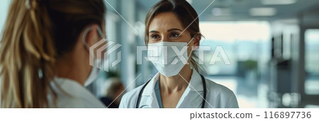 Two female doctors in white coats and masks discussing in a hospital setting. Highlights medical teamwork and professionalism. Two female doctors in white coats and masks discussing in a hospital setting. Highlights medical teamwork and professionalism. 116897736