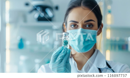 Female doctor holding a vial of vaccine in a laboratory. Medical innovation and pharmaceutical research background. 116897737