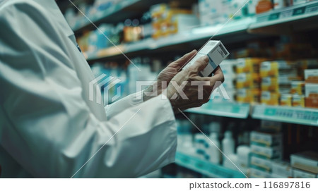 Pharmacist holding a medicine box in a pharmacy. Professional pharmaceutical consultation Pharmacist holding a medicine box in a pharmacy. Professional pharmaceutical consultation 116897816