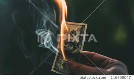 Hand holding a burning 100-dollar bill with smoke. Representing financial loss and currency devaluation. 116898047
