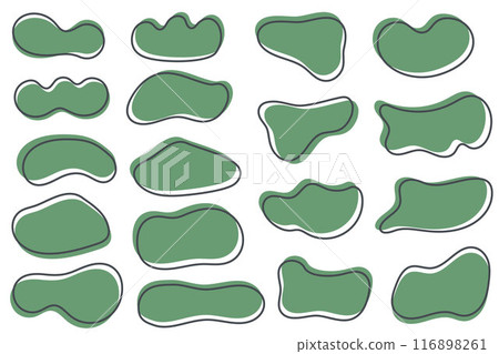 Irregular organic blobs set. Abstract vector round liquid forms on white background. Random fluid bubbles and simple amoeba wavy splashes. Green stain blots and curvy asymmetric stains 116898261