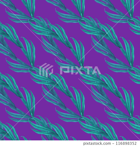 Seamless pattern of fresh blue-green grass and leaves. Watercolor illustration of tropical leaves, hand drawn for template for textile, fabric, wrapping paper, scrapbooking, wallpaper, travel, carpet 116898352