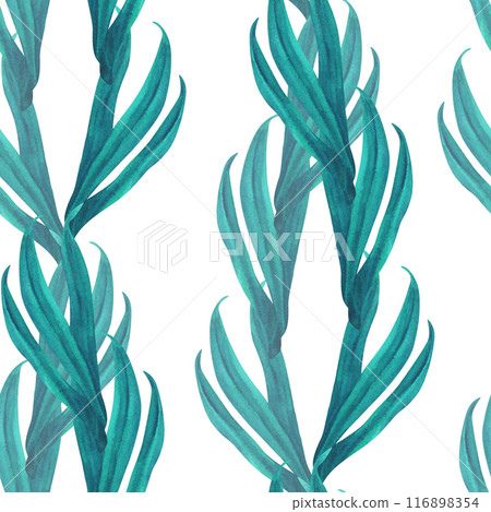 Seamless pattern of fresh blue-green grass and leaves. Watercolor illustration of tropical leaves, hand drawn for template for textile, fabric, wrapping paper, scrapbooking, wallpaper, travel, carpet Seamless pattern of fresh blue-green grass and leaves. Watercolor illustration of tropical leaves, hand drawn for template for textile, fabric, wrapping paper, scrapbooking, wallpaper, travel, carpet 116898354