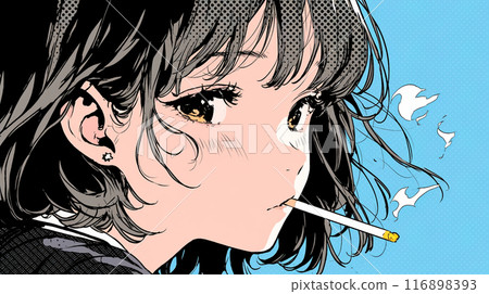 嘴裡叼著煙抽菸的年輕女子 嘴裡叼著煙抽菸的年輕女子 116898393