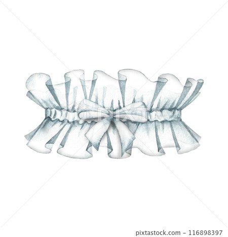 White wedding garter. An element of the bride's outfit. The lady logo. A separate watercolor illustration made by hand. An element of the design of postcards, banners, flyers and invitations. White wedding garter. An element of the bride's outfit. The lady logo. A separate watercolor illustration made by hand. An element of the design of postcards, banners, flyers and invitations. 116898397