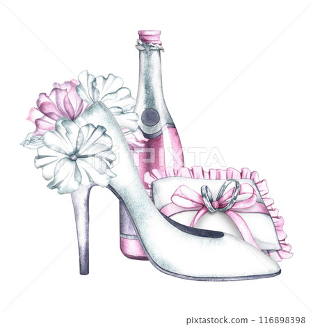 The wedding composition is in delicate white and pink tones. Women's high-heeled shoes, wedding rings on a cushion. A bottle of pink champagne. A watercolor illustration made by hand. Isolated. The wedding composition is in delicate white and pink tones. Women's high-heeled shoes, wedding rings on a cushion. A bottle of pink champagne. A watercolor illustration made by hand. Isolated. 116898398