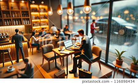 Remote work in a rainy cafe 116898434