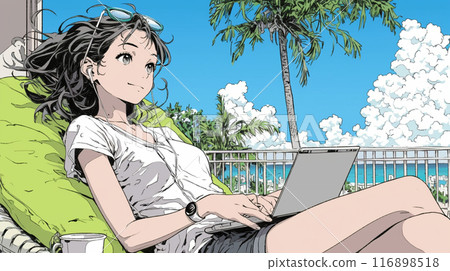 A young woman who can't put her PC down even though she's at a tropical resort 116898518