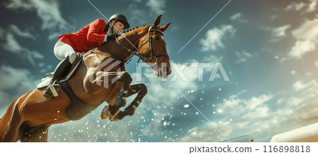 Close-up of equestrian jumper capturing precision and athleticism in mid-air Close-up of equestrian jumper capturing precision and athleticism in mid-air 116898818