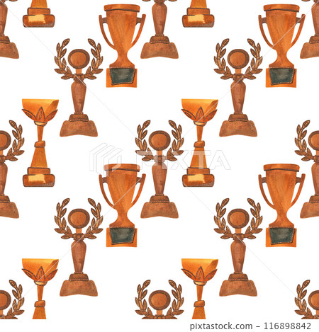 Competition winner prize: seamless pattern with sparkling cups and medals. Design of the award ceremony in watercolor. Competition winner prize: seamless pattern with sparkling cups and medals. Design of the award ceremony in watercolor. 116898842