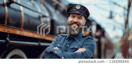 Smiling bearded train conductor with crossed arms standing in front of locomotive 116898848