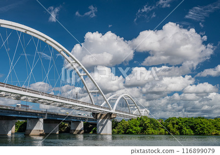大阪單軌電車鐵橋和夏季淀川風景 116899079