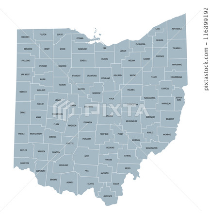 Ohio counties, gray political map with borders and county names. State in the Midwestern region of the United States, subdivided into 88 counties. Nicknamed Buckeye State, and Heart Of It All. 116899192