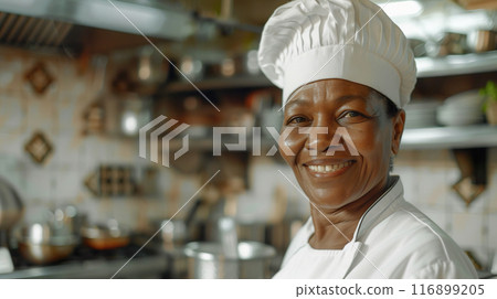 A smiling veteran black woman chef standing in the kitchen wearing a cook's uniform 116899205