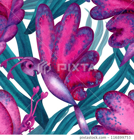 Seamless pattern of holographic butterflies with pink hearts on the wings, tropical blue-green leaves for the holiday of love, wedding, Valentine's Day, textile, fabric, wrapping, scrapbook, wallpaper 116899753