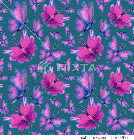Seamless pattern of holographic butterflies with pink hearts on the wings, tropical blue-green leaves for the holiday of love, wedding, Valentine's Day, textile, fabric, wrapping, scrapbook, wallpaper Seamless pattern of holographic butterflies with pink hearts on the wings, tropical blue-green leaves for the holiday of love, wedding, Valentine's Day, textile, fabric, wrapping, scrapbook, wallpaper 116899754