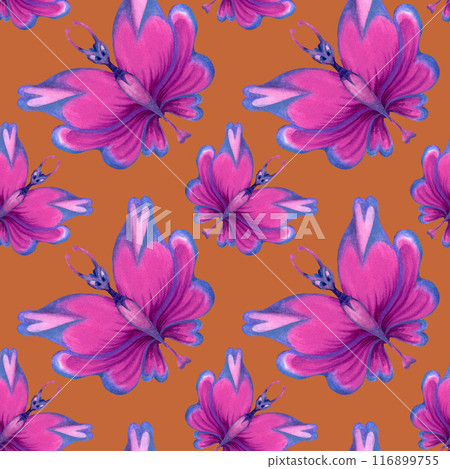 Seamless pattern of holographic butterflies with pink hearts on the wings, tropical blue-green leaves for the holiday of love, wedding, Valentine's Day, textile, fabric, wrapping, scrapbook, wallpaper Seamless pattern of holographic butterflies with pink hearts on the wings, tropical blue-green leaves for the holiday of love, wedding, Valentine's Day, textile, fabric, wrapping, scrapbook, wallpaper 116899755