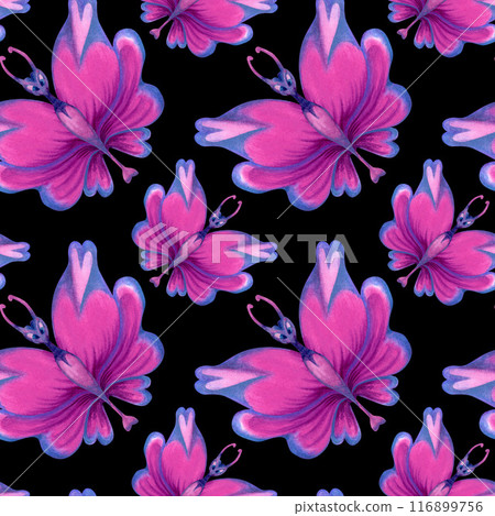 Seamless pattern of holographic butterflies with pink hearts on the wings, tropical blue-green leaves for the holiday of love, wedding, Valentine's Day, textile, fabric, wrapping, scrapbook, wallpaper Seamless pattern of holographic butterflies with pink hearts on the wings, tropical blue-green leaves for the holiday of love, wedding, Valentine's Day, textile, fabric, wrapping, scrapbook, wallpaper 116899756